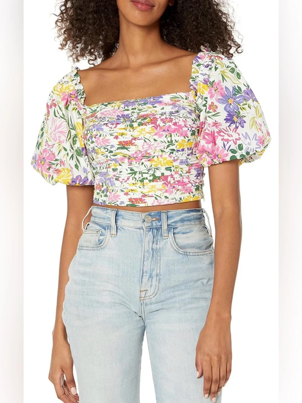 Astr White Floral Puff-Sleeve Crop Top - Pink Yellow Purple Green